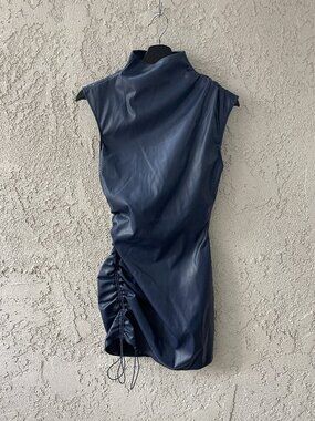 NWT Mars The Label Navy Blue Faux Leather Ruched Mini Dress US 6 UK 10